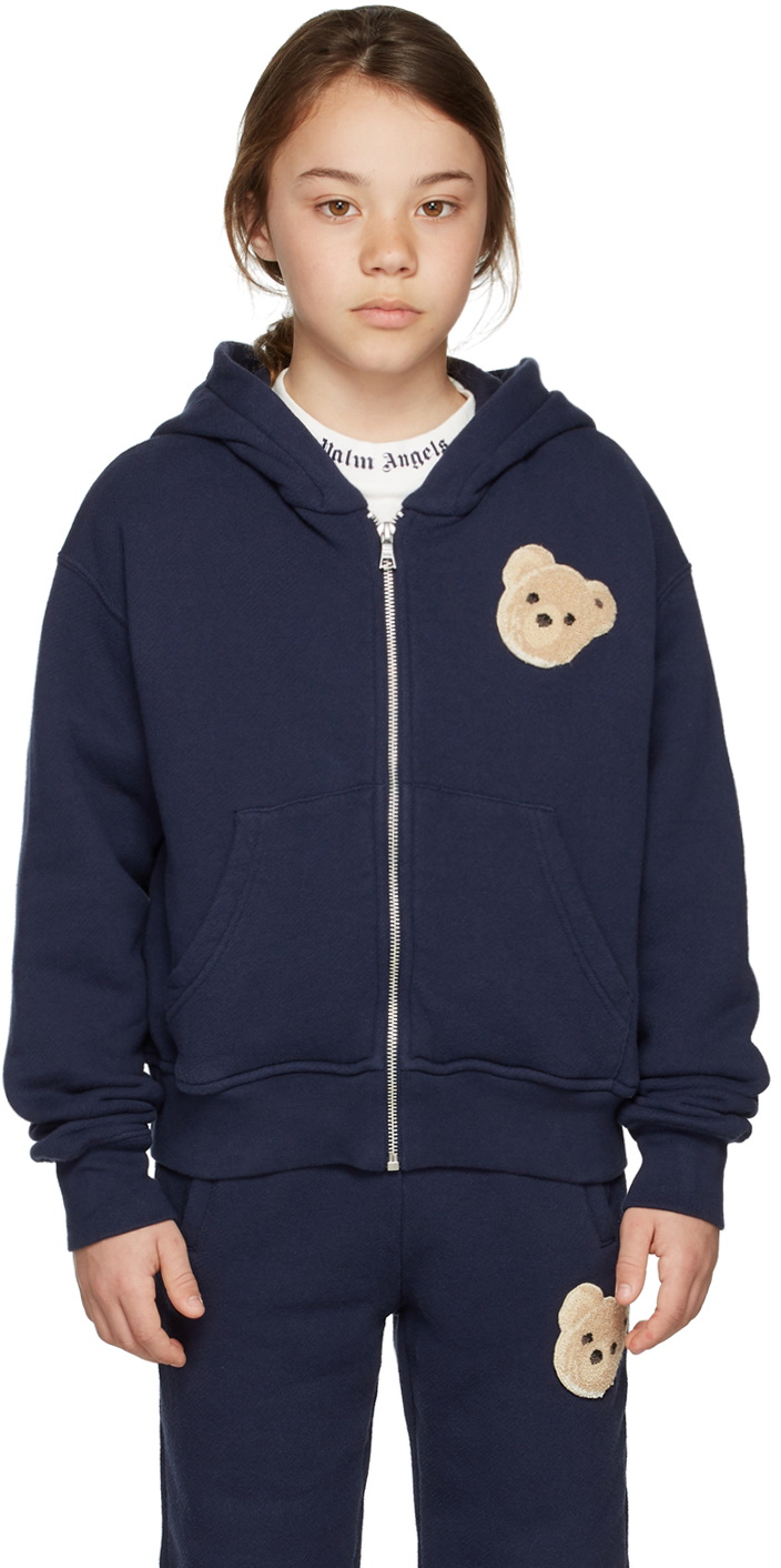 Palm Angels Kids' Teddy-print Logo Hoodie In Blue