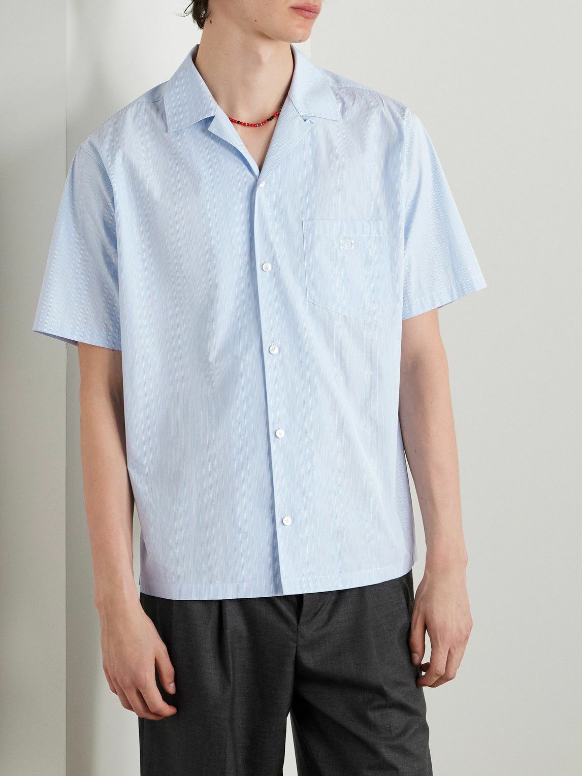 CELINE - Convertible-Collar Logo-Embroidered Striped Cotton-Poplin Shirt - Blue