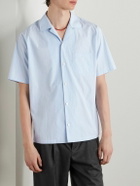 CELINE - Convertible-Collar Logo-Embroidered Striped Cotton-Poplin Shirt - Blue