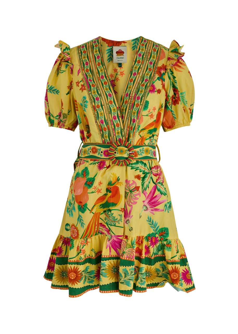 Farm Rio Fruit Garden Printed Cotton-poplin Mini Dress Yellow