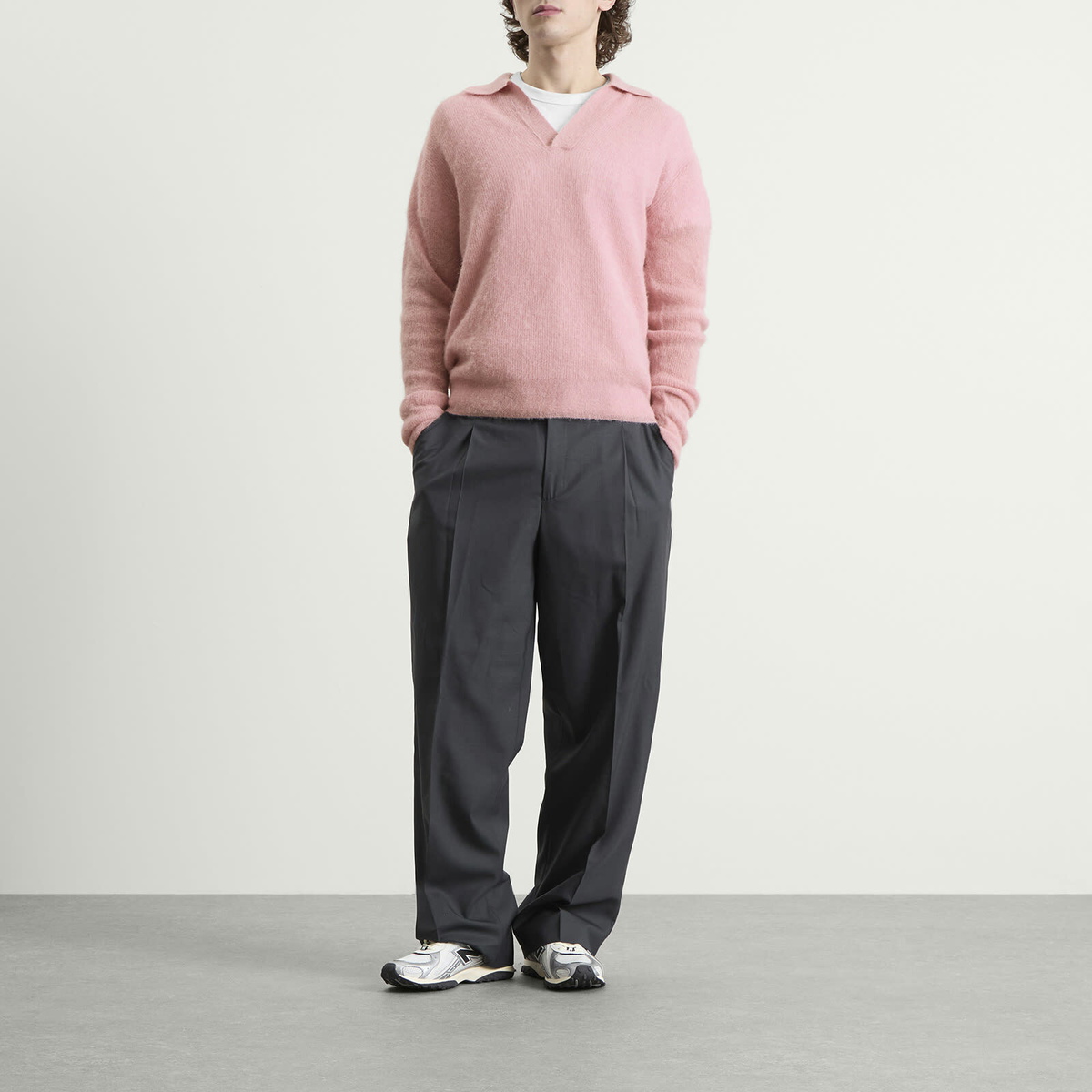 Auralee Men's Baby Suri Alpaca Sheer Knit Skipper Polo in Pink