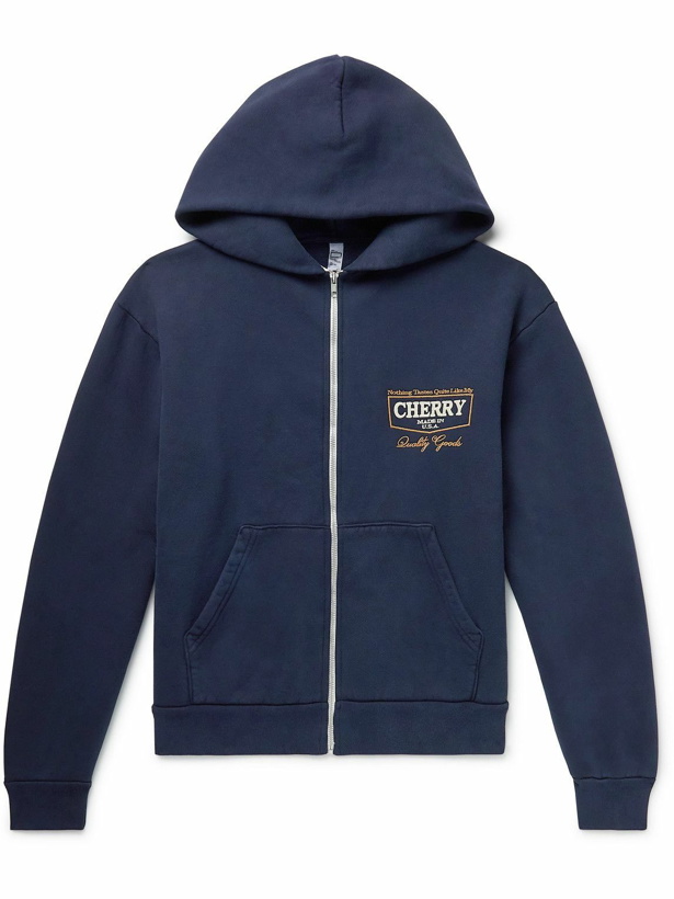 Photo: CHERRY LA - Embroidered Cotton-Jersey Zip-Up Hoodie - Blue