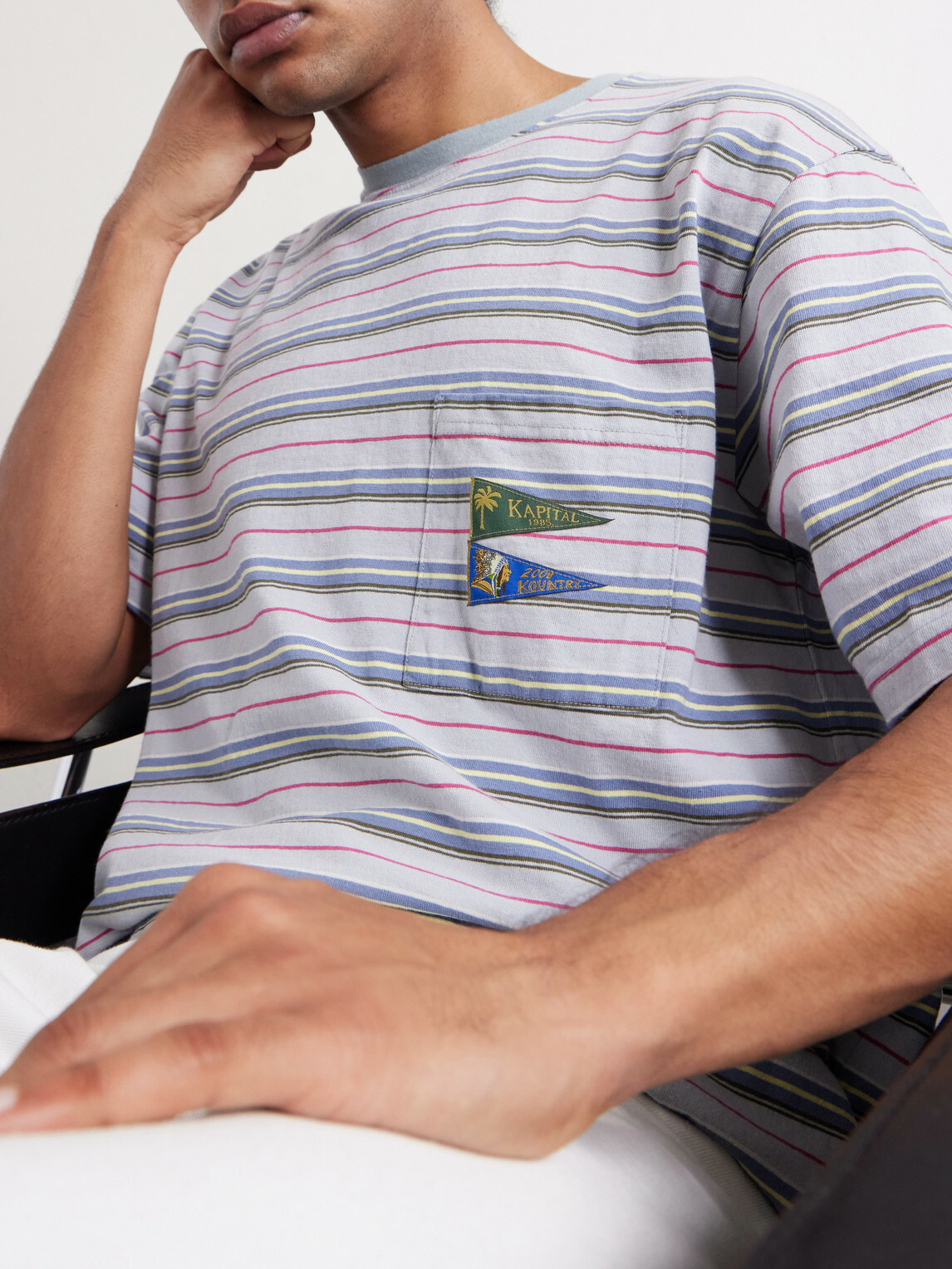 KAPITAL - Logo-Appliquéd Striped Cotton-Jersey T-Shirt - Blue