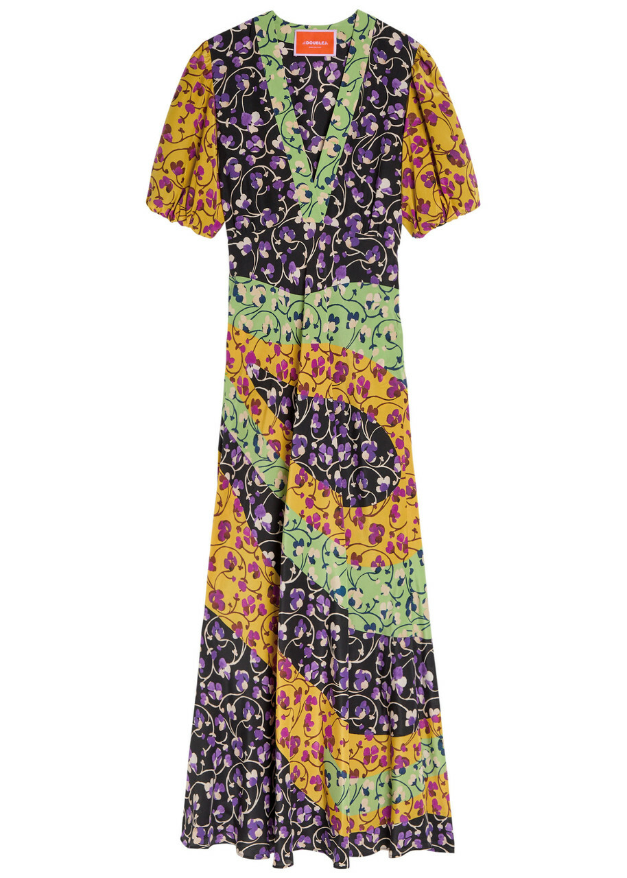 LA Double J Marlene Floral-print Silk Maxi Dress Yellow