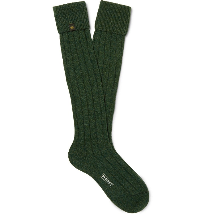 Photo: James Purdey & Sons - Ribbed Mélange Wool-Blend Socks - Green