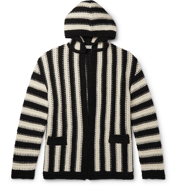 Photo: SAINT LAURENT - Striped Virgin Wool Hooded Cardigan - Black