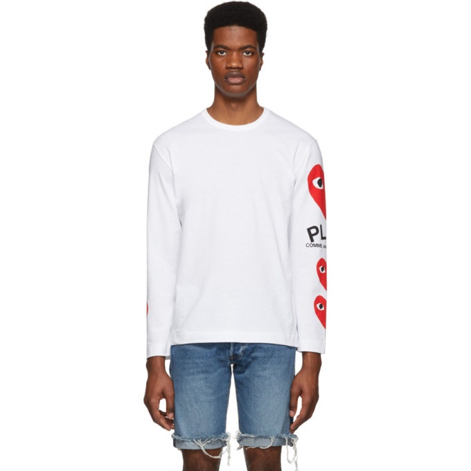 Photo: Comme des Garcons Play White and Red Logo Multi Hearts Long Sleeve T-Shirt