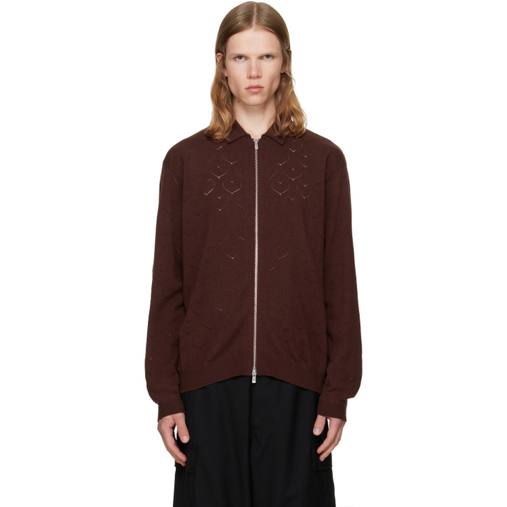 Photo: vowels Brown Eyelet Knitted Zip-Up Sweater