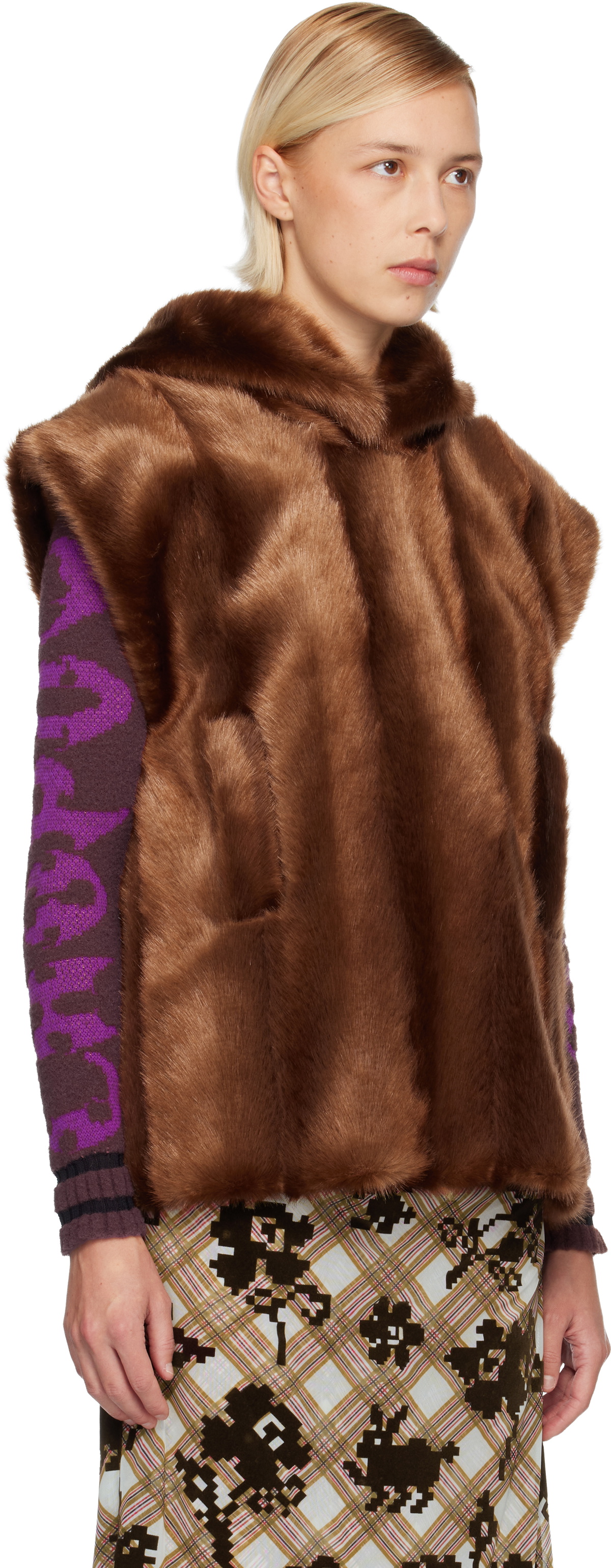 Anna Sui SSENSE Exclusive Brown Sleeveless Faux-Mink Hoodie