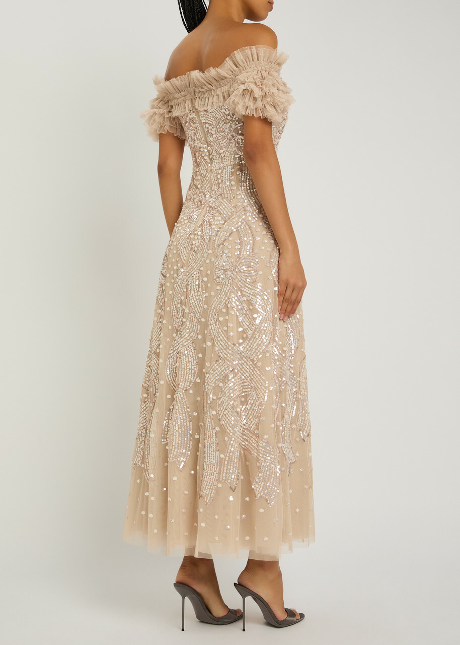 Needle & Thread Off-the-shoulder Sequin-embellished Tulle Gown Light Pink