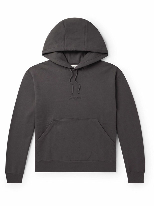 Photo: SAINT LAURENT - Logo-Embroidered Cotton-Jersey Hoodie - Gray