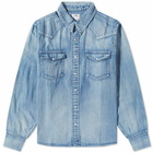 Visvim Men's Social Sculpture Damaged Denim Shirt in Blue