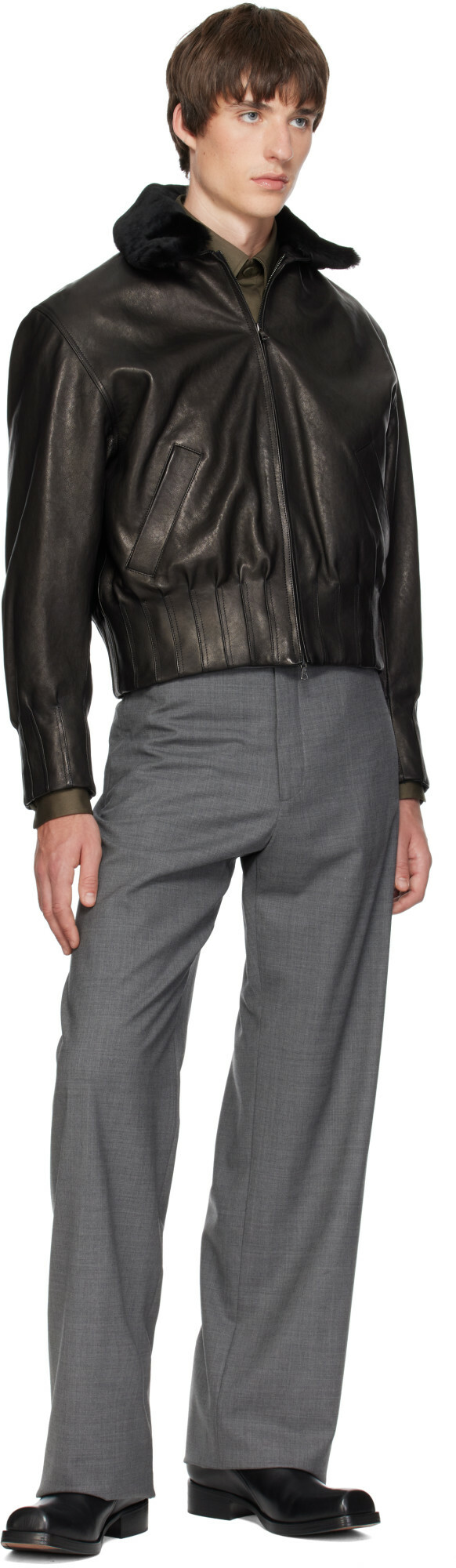 AARON ESH Black Shearling Collar Leather Bomber