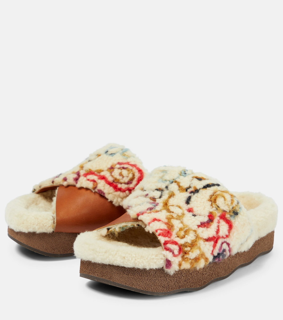 Chloe - Wavy shearling and leather slides Chloe