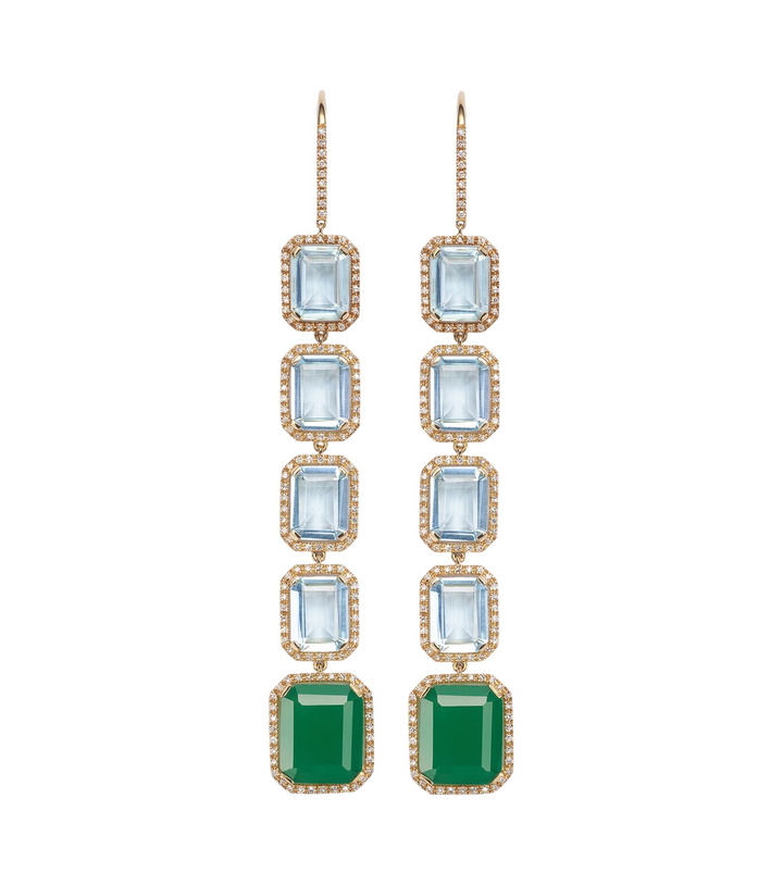 Photo: Shay Jewelry Tier Portrait 18kt gold drop earrings with topaz, agate, and diamonds