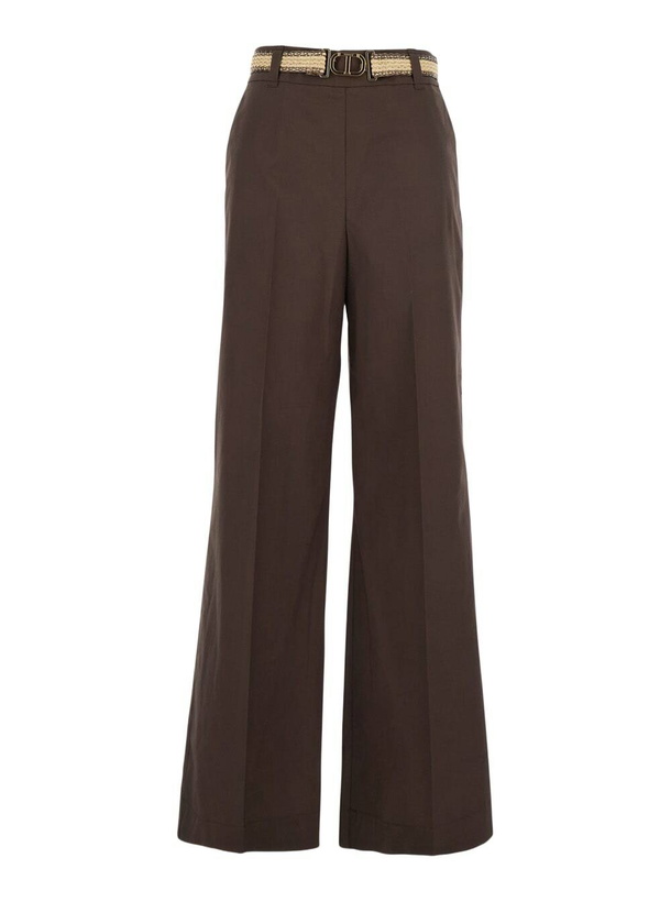 Photo: TwinSet Brown Pants With Waist Belt And Metallic Logo Plaque In Cotton Poplin Woman