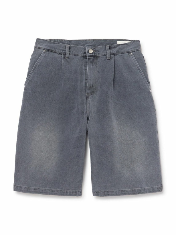 Photo: mfpen - Star Rivet Wide-Leg Pleated Organic Denim Shorts - Gray