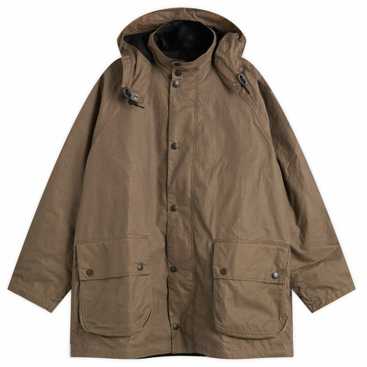 Photo: Barbour Men's x Margaret Howell Stand Collar Wax Parka Jacket in Kelp
