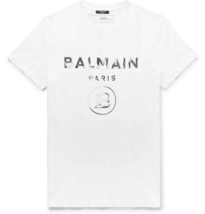 Photo: Balmain - Slim-Fit Metallic Logo-Print Cotton-Jersey T-Shirt - White