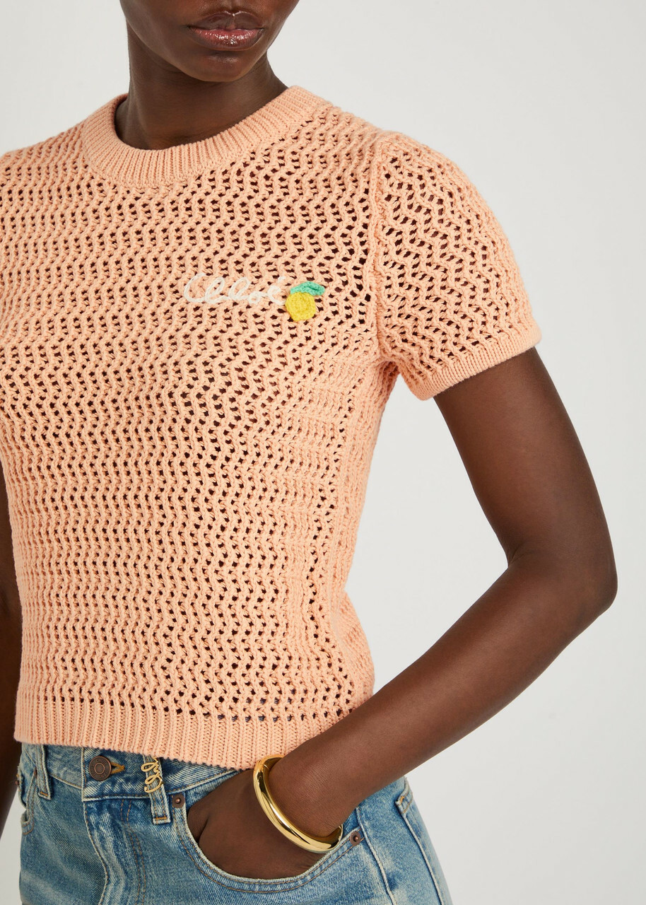 Chloe Logo-intarsia Open-knit Cotton T-shirt Orange Light