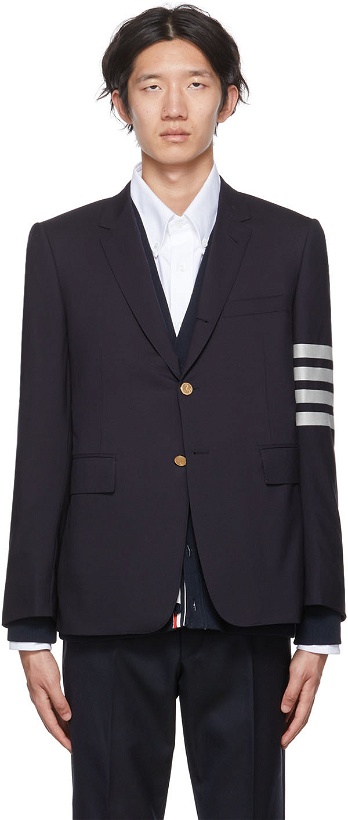 Photo: Thom Browne Navy Plain Weave Classic Sport 4-Bar Fit-1 Suiting Blazer