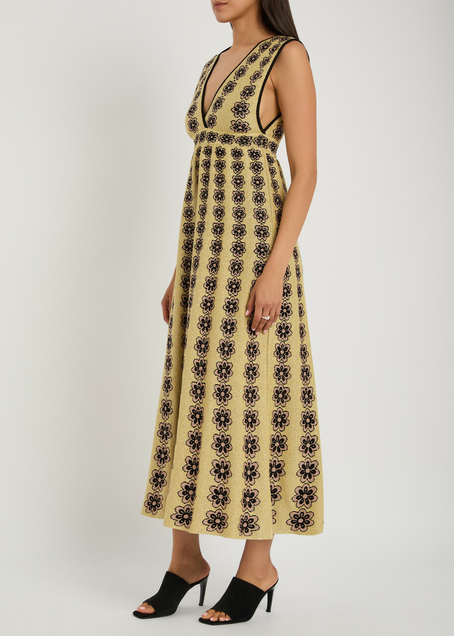 LA Double J Caper Floral-intarsia Knit Midi Dress Multicoloured