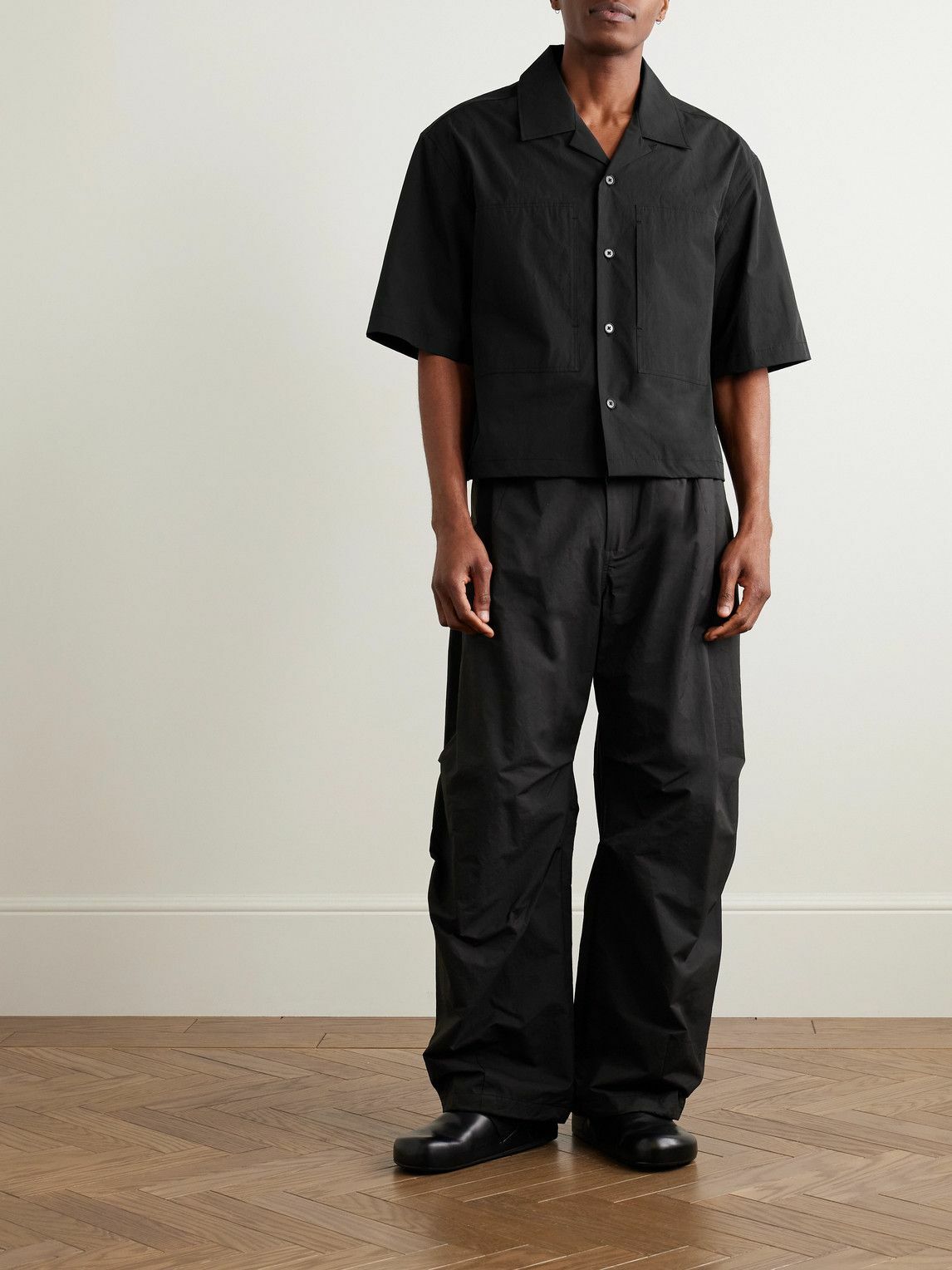 Amomento - Cropped Convertible-Collar Poplin Shirt - Black