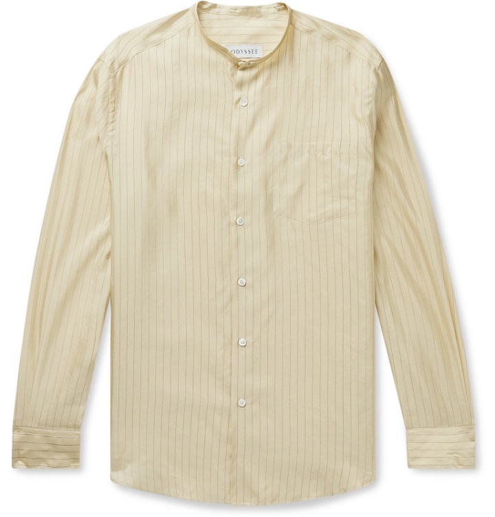 Photo: Odyssee - Edwards Grandad-Collar Striped Silk and Cotton-Blend Shirt - Neutrals