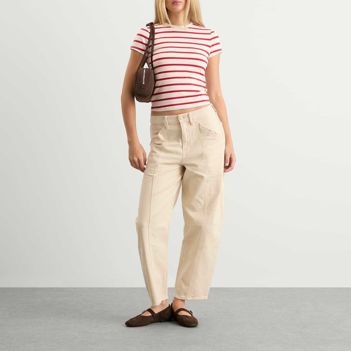 Good American Women's Super Stretch Baby T-Shirt in Ecru/Chili Wide Stripe