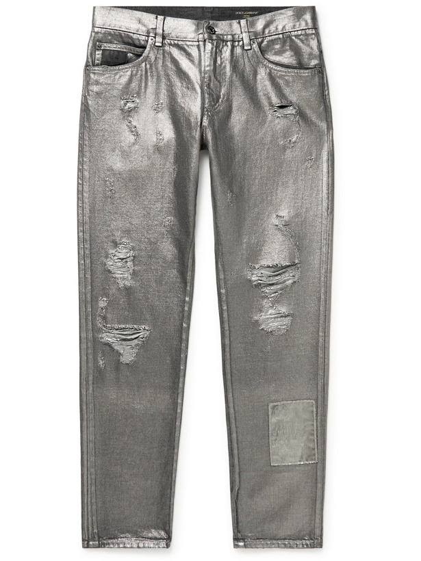 Photo: Dolce & Gabbana - Straight-Leg Distressed Metallic Coated Jeans - Silver