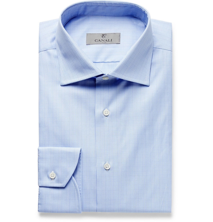 Photo: Canali - Light-Blue Cutaway-Collar Prince of Wales Checked Cotton-Poplin Shirt - Blue