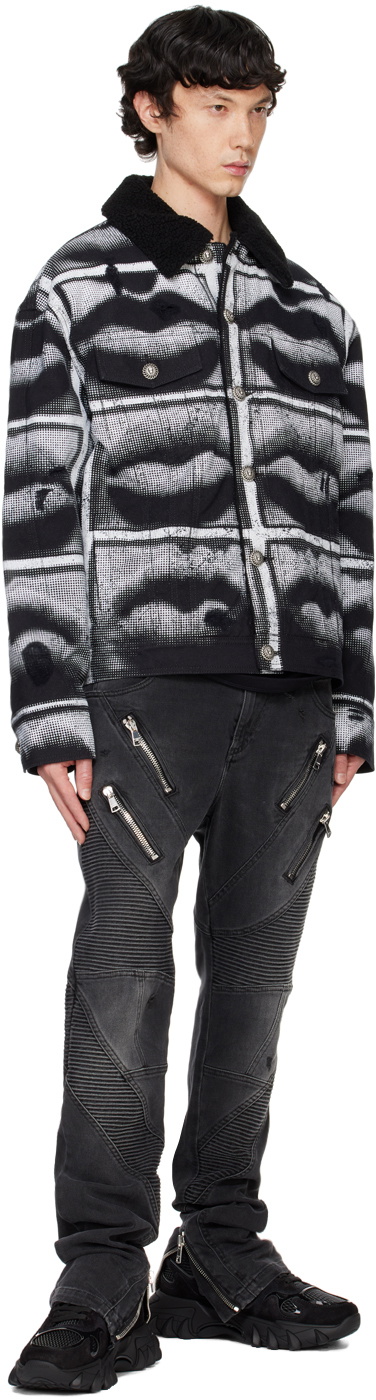 Balmain Black & White Lips Print Denim Jacket