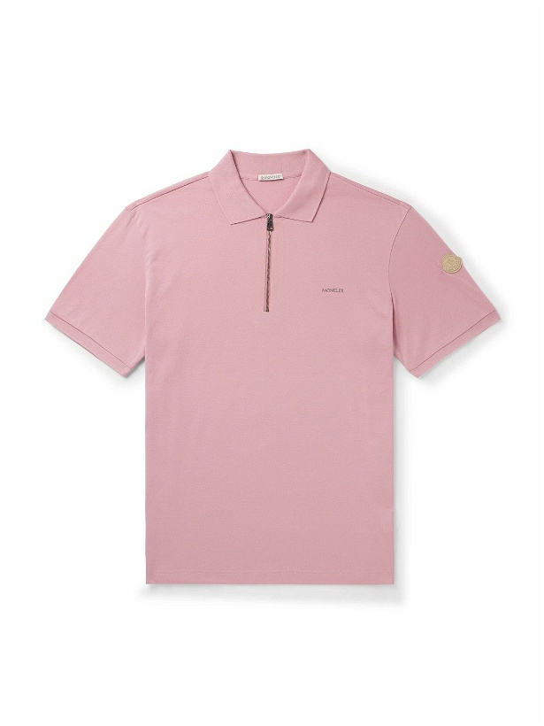 Photo: Moncler - Leather-Trimmed Logo-Detailed Mercerised Cotton-Piqué Zip-Up Polo Shirt - Pink