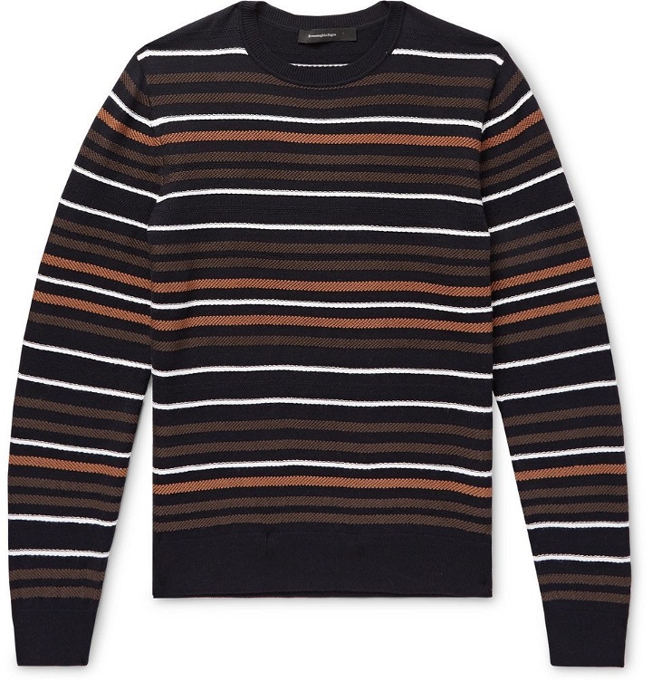 Photo: Ermenegildo Zegna - Intarsia Striped Wool and Silk-Blend Sweater - Men - Navy