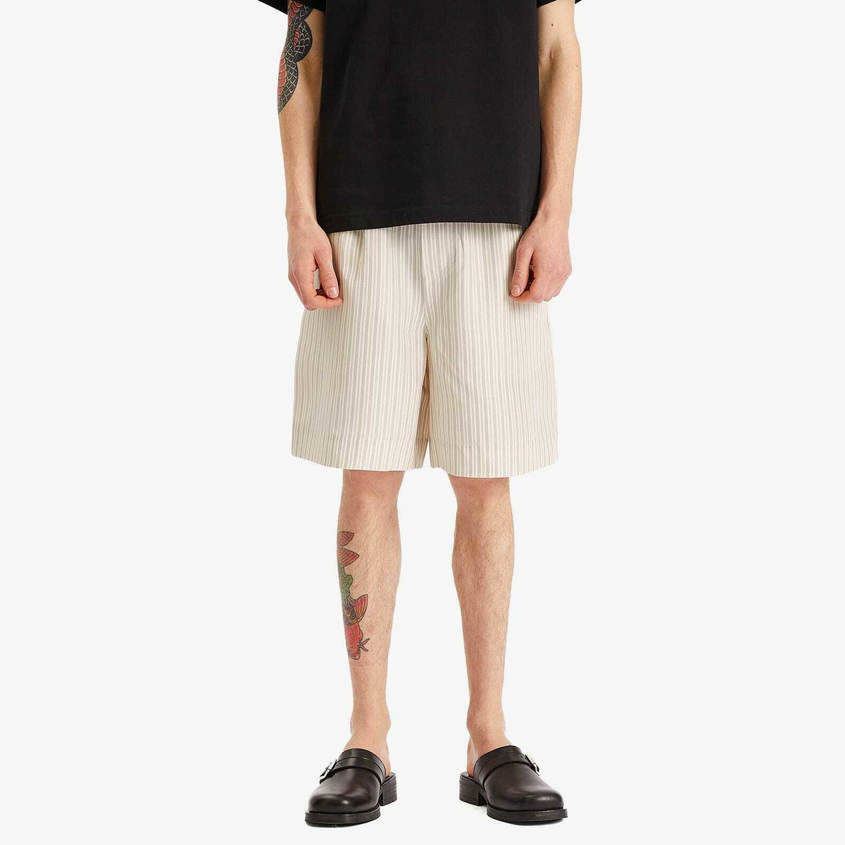 Róhe Men's Stripe Silk Drawstring Shorts in Cream Heritage Stripe