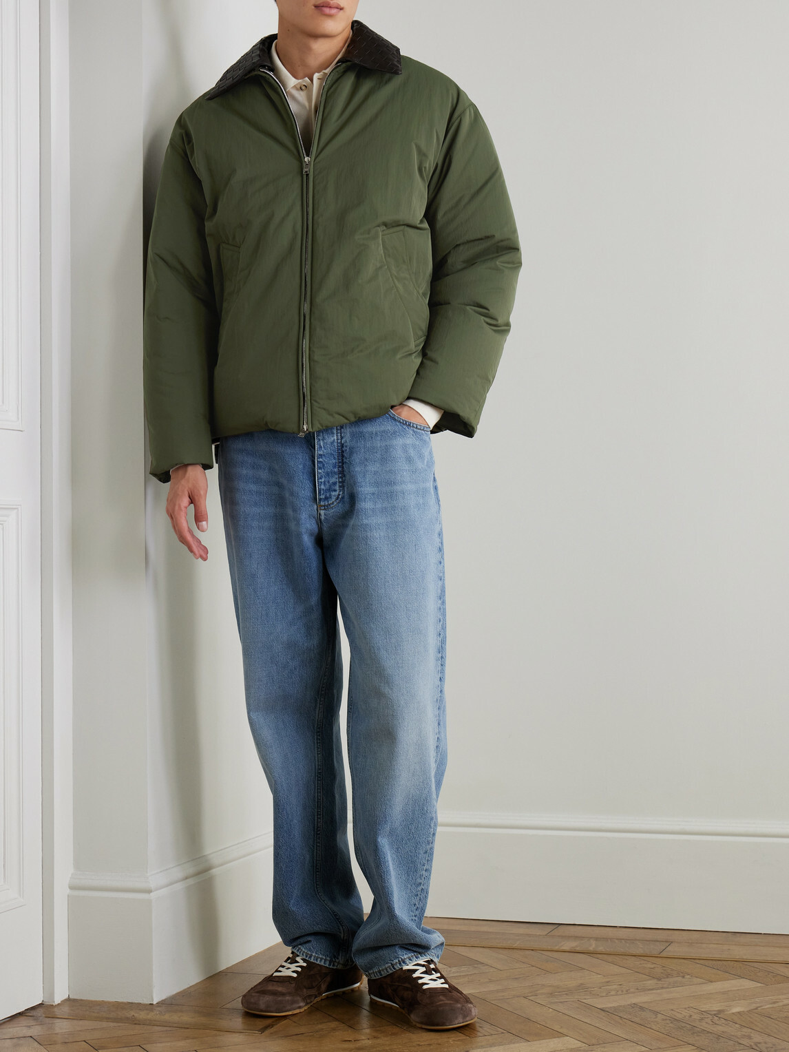 Bottega Veneta - Intrecciato Leather-Trimmed Shell Down Jacket - Green