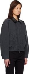 COOR Navy Leather Collar Washed Cationized Bomber Jacket