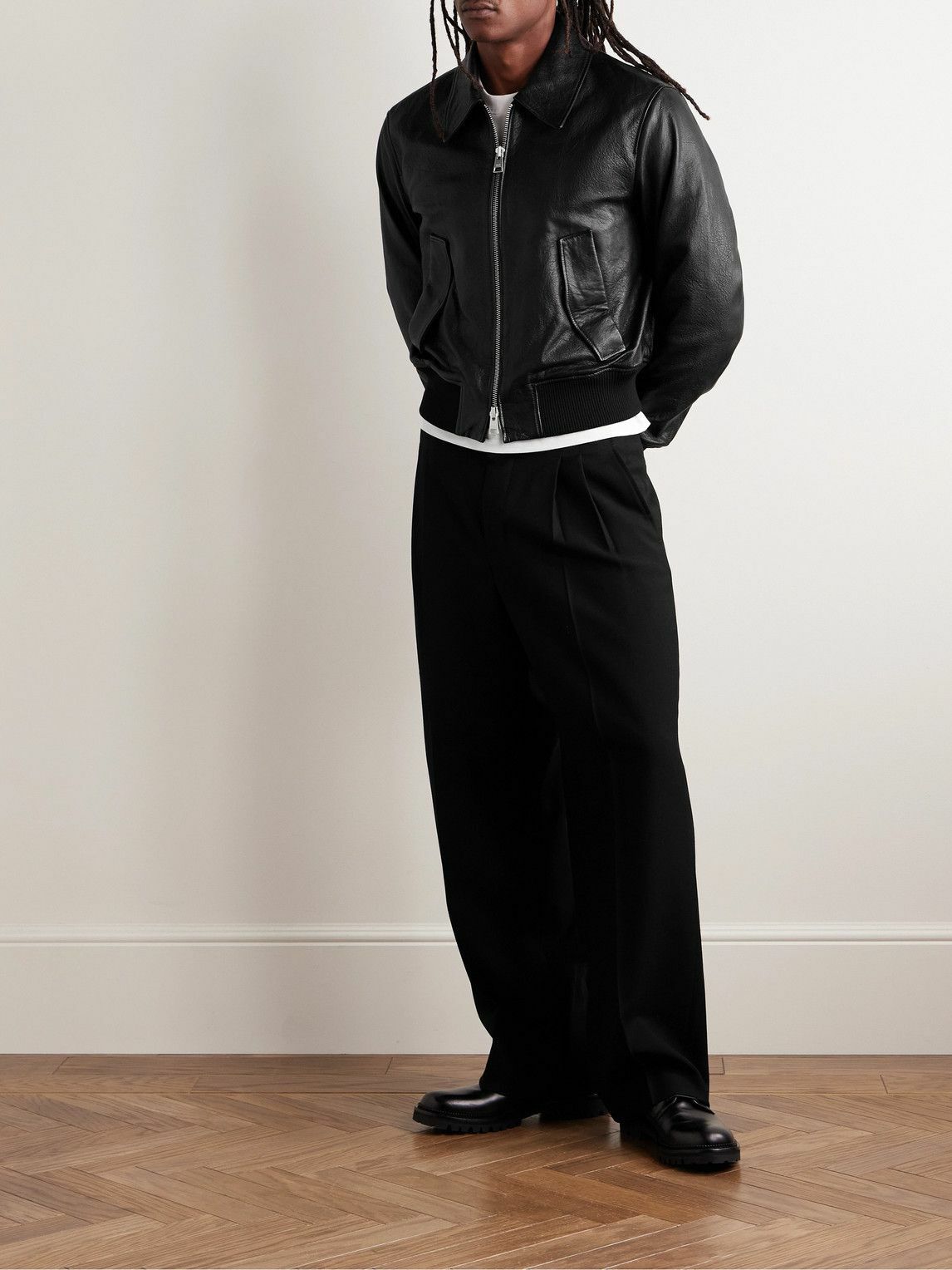 AMI PARIS - Textured-Leather Bomber Jacket - Black AMI