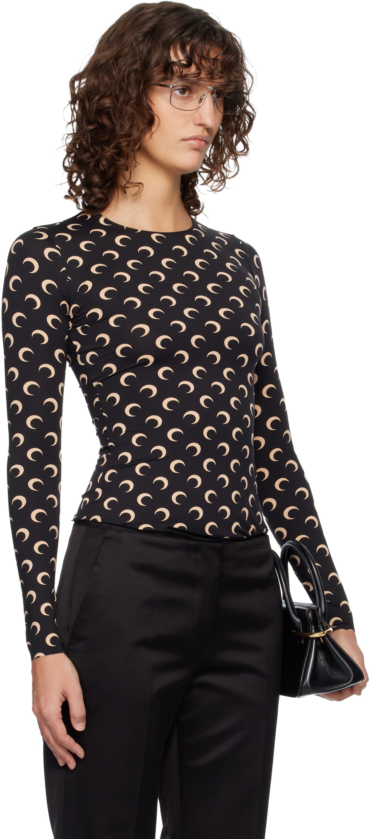 Marine Serre Black Recycled Moon Jersey Second Skin Crewneck T-shirt