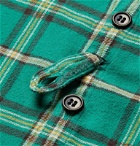 Greg Lauren - Grandad-Collar Distressed Checked Cotton-Flannel Shirt - Green