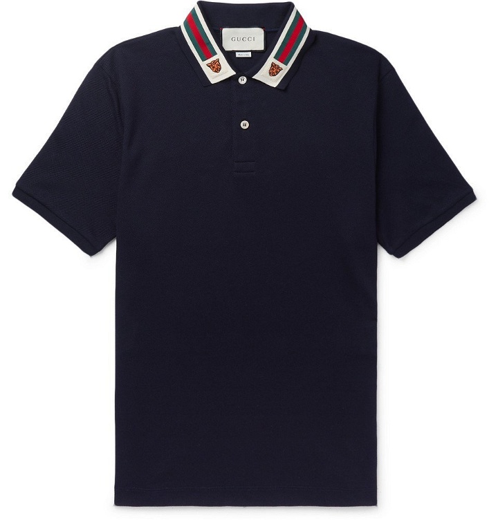 Photo: Gucci - Appliquéd Webbing-Trimmed Cotton-Piqué Polo Shirt - Men - Navy