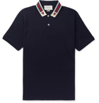 Gucci - Appliquéd Webbing-Trimmed Cotton-Piqué Polo Shirt - Men - Navy