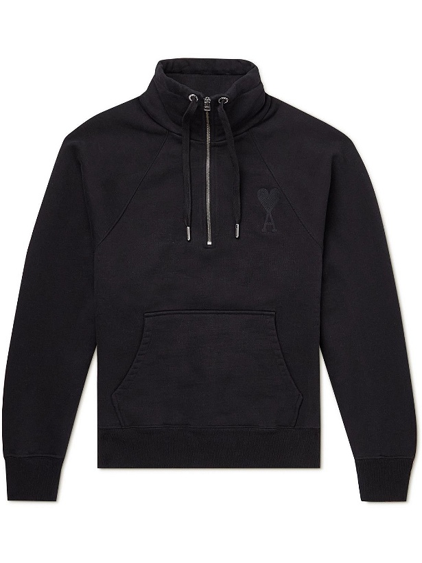 Photo: AMI PARIS - Logo-Embroidered Organic Cotton-Jersey Half-Zip Sweatshirt - Black