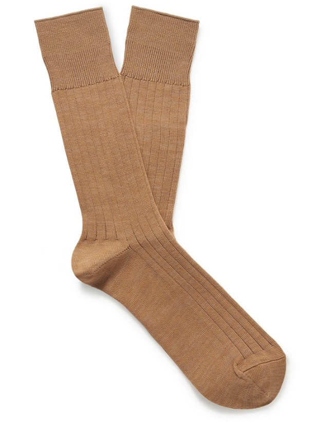 Photo: MR P. - Ribbed Cotton-Blend Socks - Brown