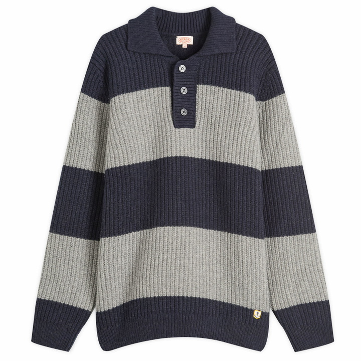 Photo: Armor-Lux Men's Stripe Knit Rugby Jumper in Navy/Slate