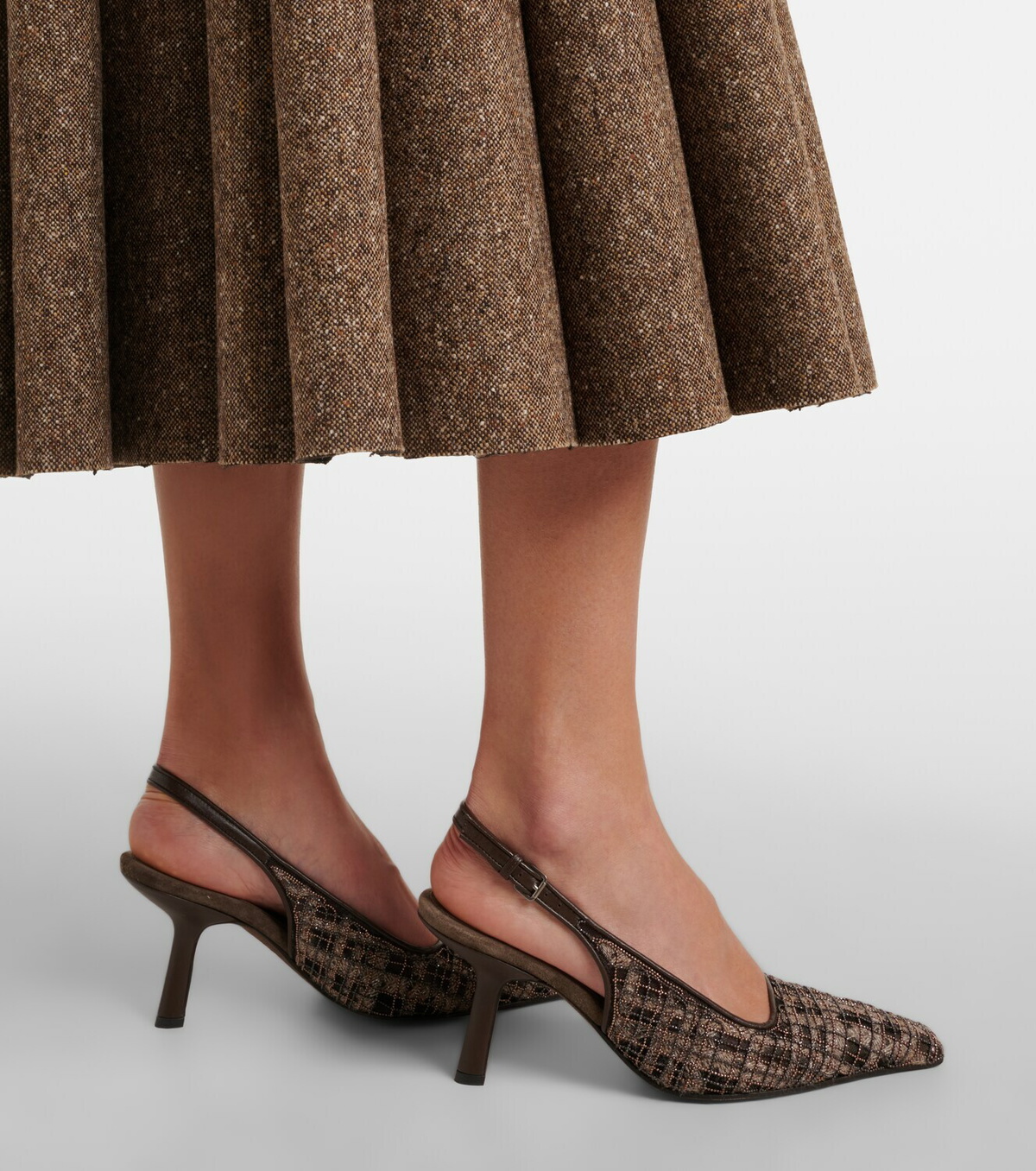 Brunello Cucinelli Beaded checked leather-trimmed slingback pumps