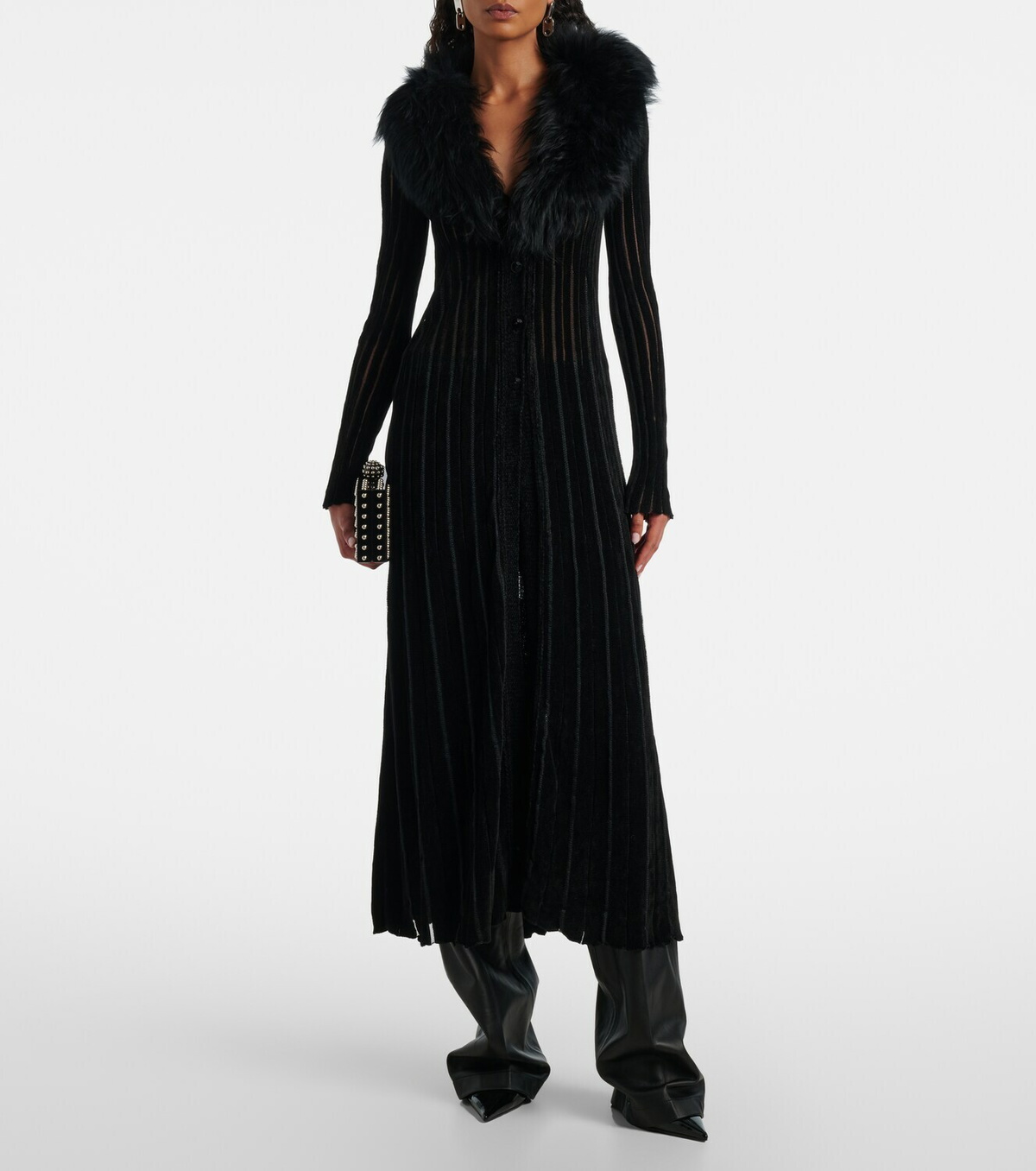 Blumarine Shearling-trimmed striped cardigan