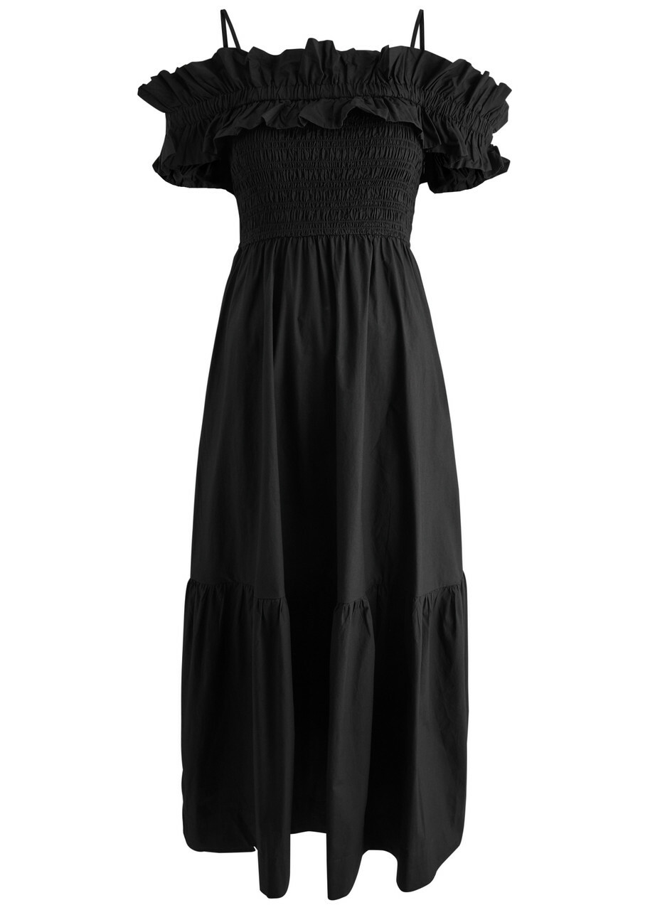 Ganni Ruffled Cotton-poplin Midi Dress Black GANNI