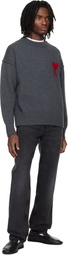AMI Paris Gray Wool Contrasted Ami de Coeur Crewneck Sweater