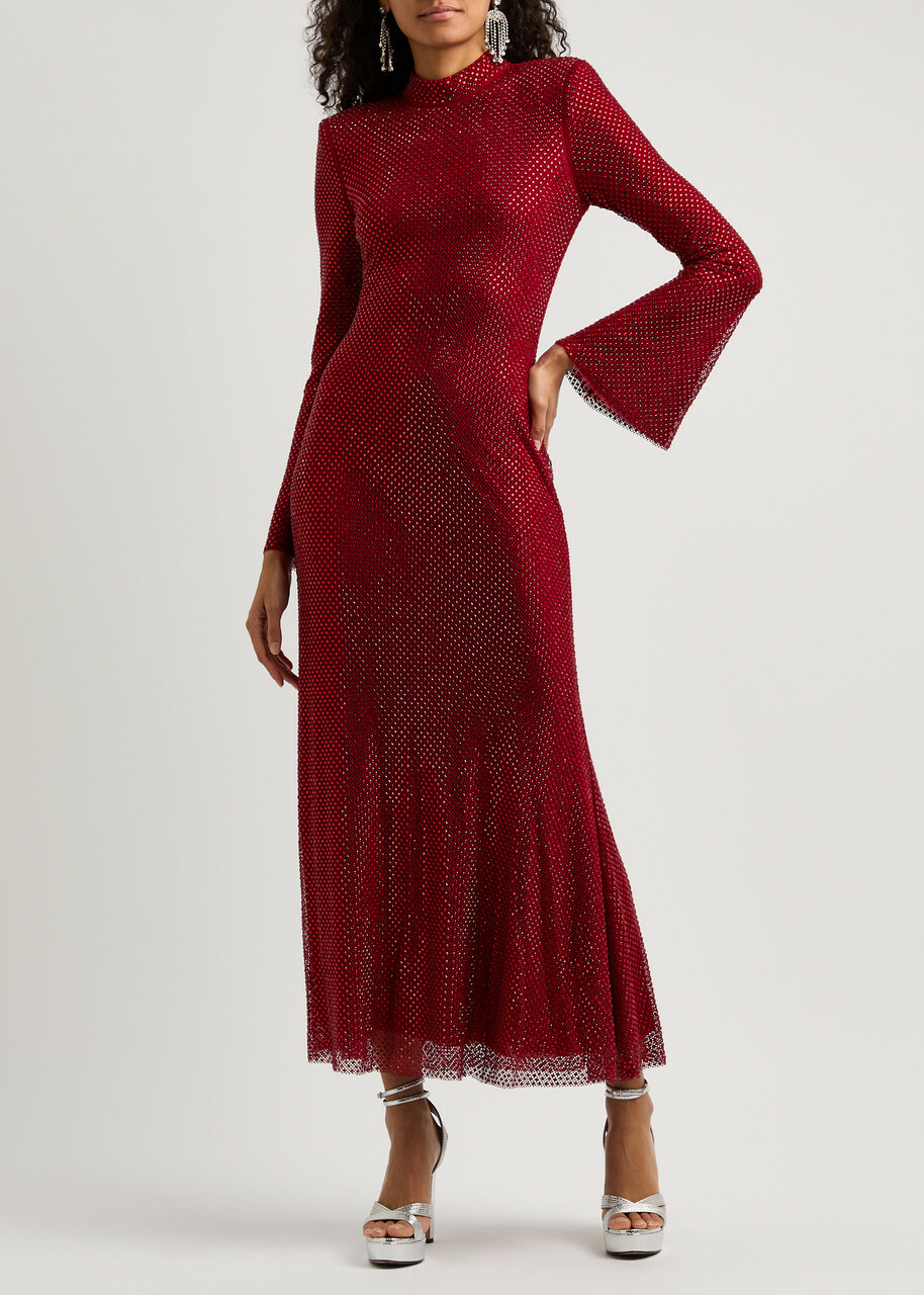 Self-portrait Crystal-embellished Mesh Midi Dress Red Self-Portrait